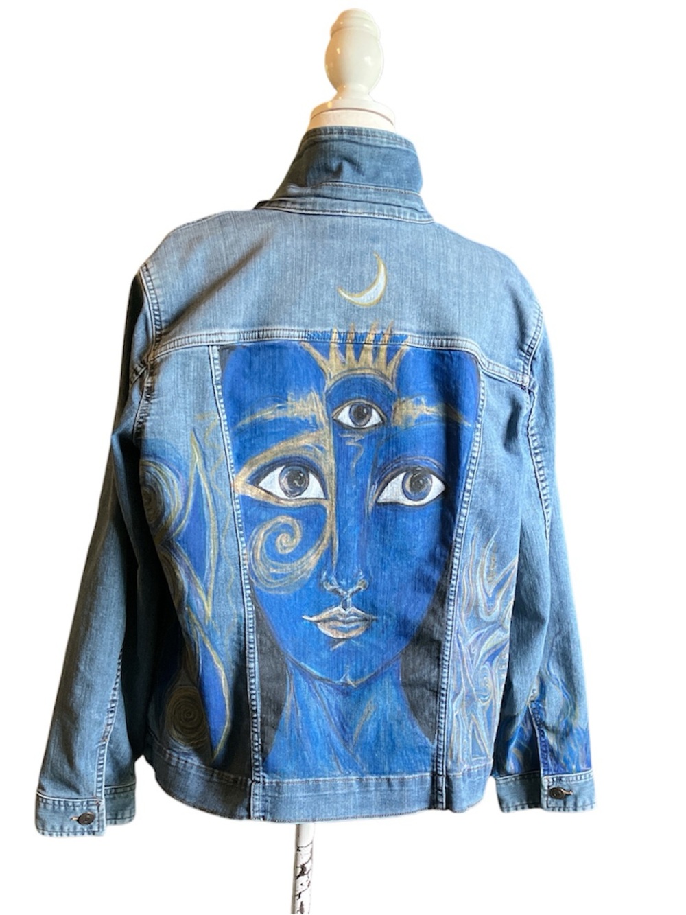 Hand-Painted Blue Third-Eye Goddess Denim Jacket size XL